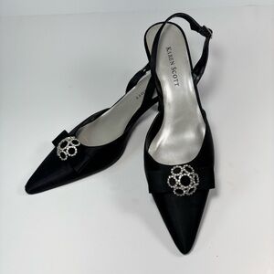 Karen Scott Pointed Toe Black Satin Sling back Kitten Heels‎ Bow Rhinestones 7.5